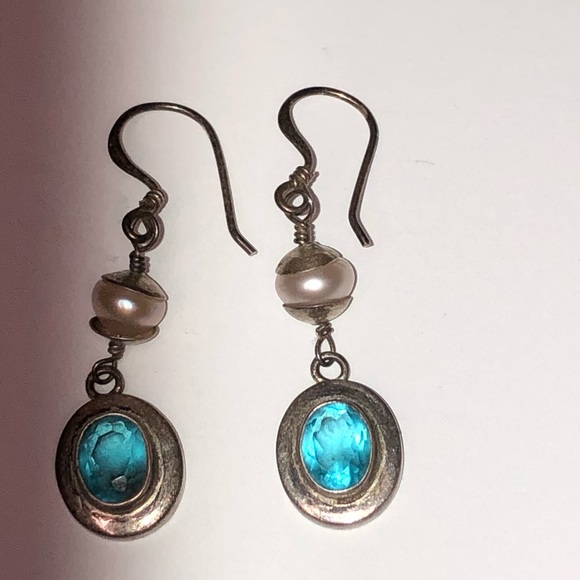 Sterling silver earrings with aquamarine & pearl drop dangle - Picture 7 of 8